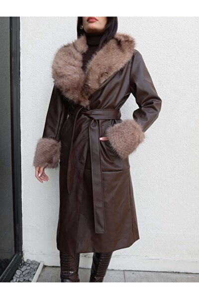 ESRAHELVACI Шкіряний тренч з хутряними деталями та поясом