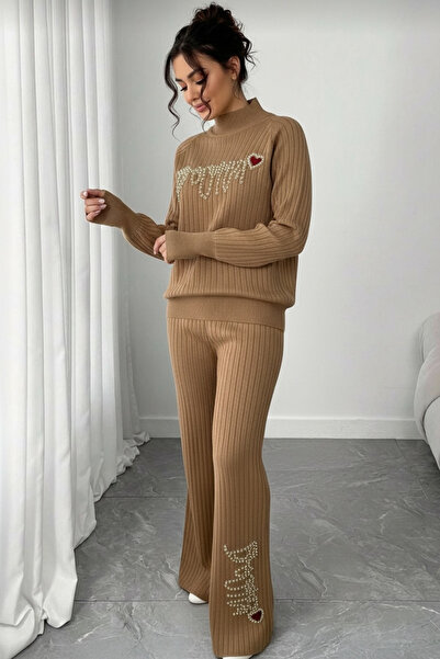 NEWCO Corded Fabric Textured Pearl Embroidered Finger-Threaded Half-Turtleneck Knitwear Two-Piece Suit