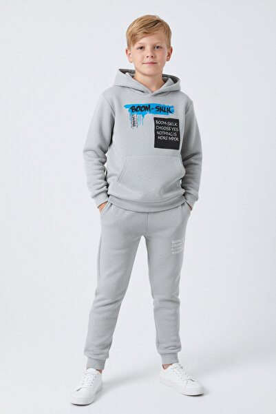 YA KO KİDS 3 İplik Ş Fleece-Lined Winter Kangaroo Pocket K Hooded Print Detailed Boys' Tracksuit Set