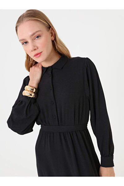 Refka Gathered Waist Classic Buttoned Hijab Dress - Black -