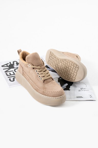Siena Shoes Olmo Women's Lace-Up Plush Boots Beige Suede