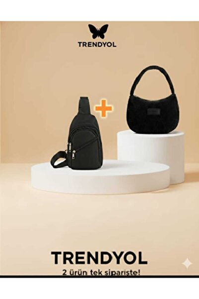 Sofia حقيبة نسائية سوداء بثلاثة أقسام وحزام مخملي