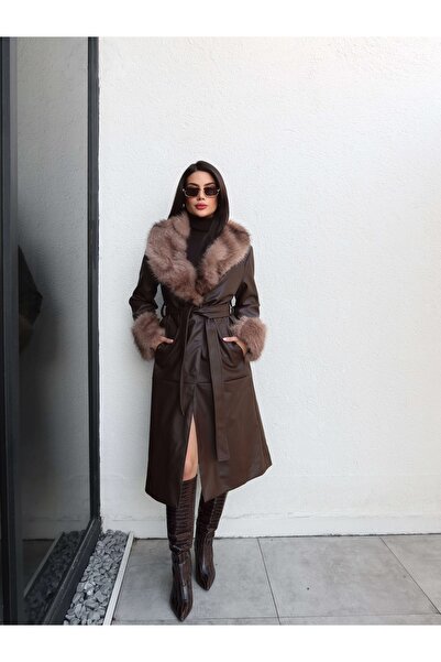 ESRAHELVACI Шкіряний тренч з хутряними деталями та поясом