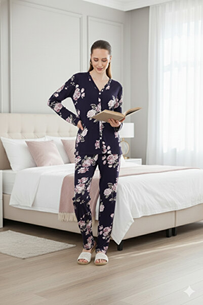 CrazyShopping Women's V-Neck Button down Long Sleeve Pajama Set-Navy Floral Print