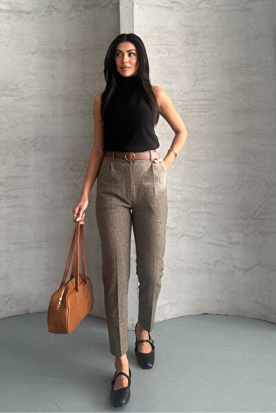 macharel jeans Γυναικείο παντελόνι με στάμπα με στενό πόδι με τσέπες και ζώνη