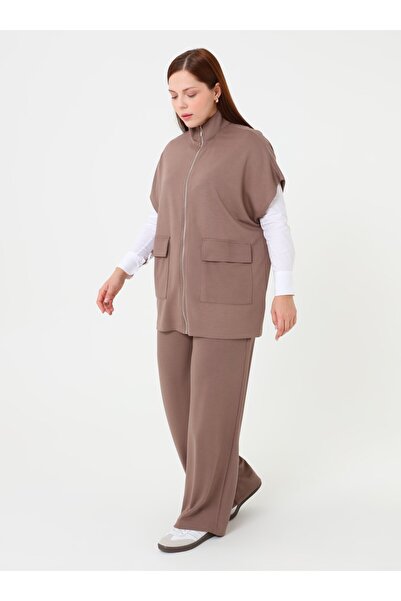 ALİA Zippered Short Sleeve Vest Detailed Plus Size Suit - Mink -