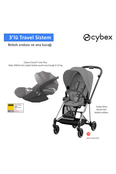 Cybex 3 lü travel sistem Mios Chrome Black Mirage Grey + Cloud T isize PLUS + Mios Adaptör