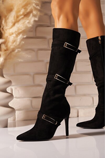 Joana Black Suede -Leather Heel Boots - 10CM