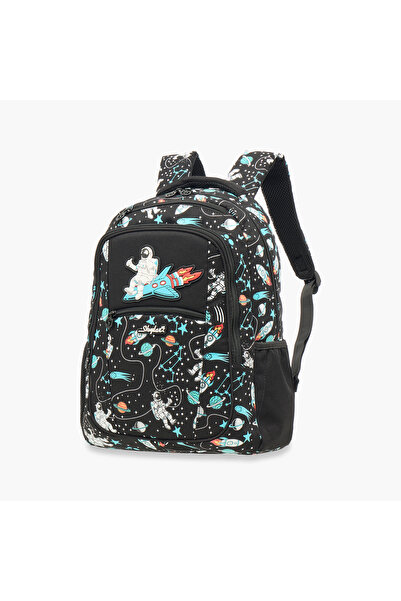 Skylar Astronaut Glow-in-the-Dark Print Backpack with Adjustable Straps and Zip Closure - 25x4x9 cms