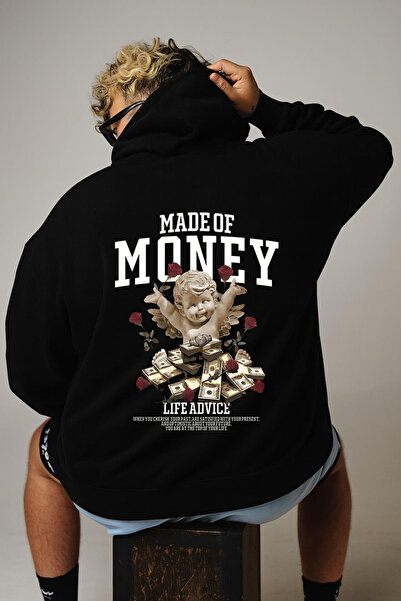 Rivox سويت شيرت رجالي أسود بغطاء رأس قصة فضفاضة MadeofMoney مطبوع