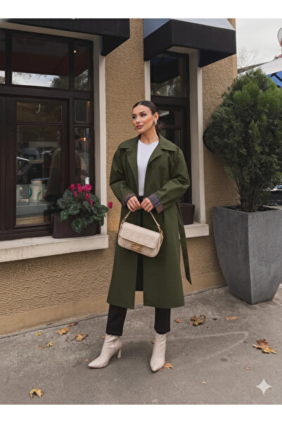 cemo Women's Long Trench Coat with Plaid Cuff Detail and Lace-Up Belt