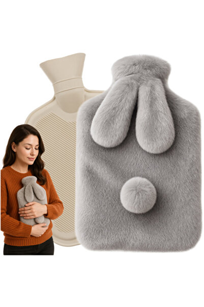 zola Hot water pillow, 1.8 l capacity, fluffy bunny cover, 33 x 21 cm, light gray