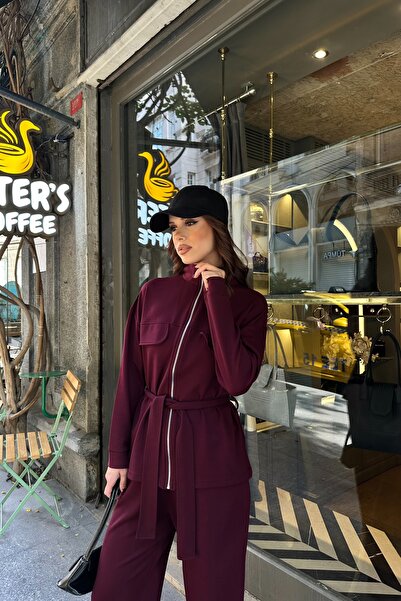 BEJNA Women's Belted Soft Modal Textured Top and Bottom Set