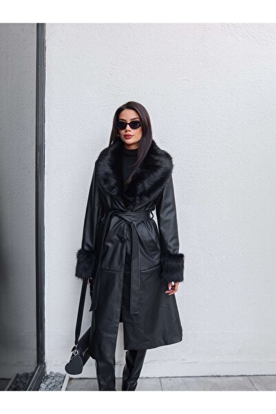 ESRAHELVACI Δερμάτινο μπουφάν με λεπτομέρεια από γούνα και ζώνη