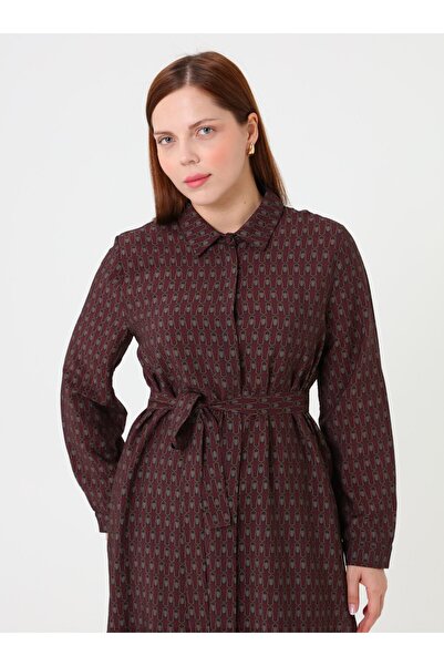 ALİA Patterned Belted Plus Size Tunic - Burgundy -