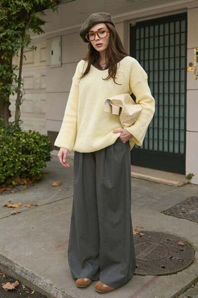 Ceylan Otantik Butter Yellow V-Neck Knitwear Sweater & Anthracite Pleated Detail Palazzo Pants Sets