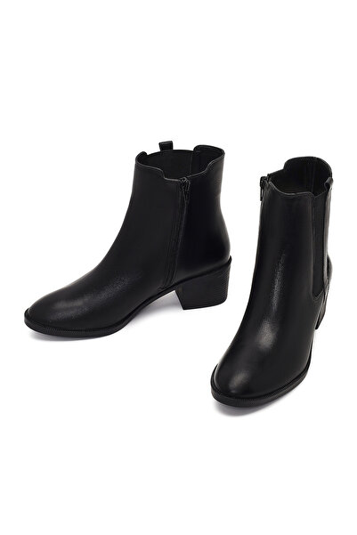 Derimod Women's Black Zippered Thick Heeled Leather Boots 25Wfd164018