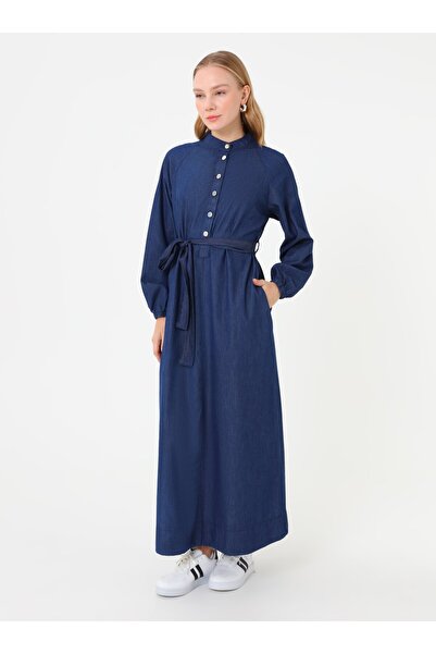 Refka Rochie hijab cu mâneci raglan din denim - Albastru închis -