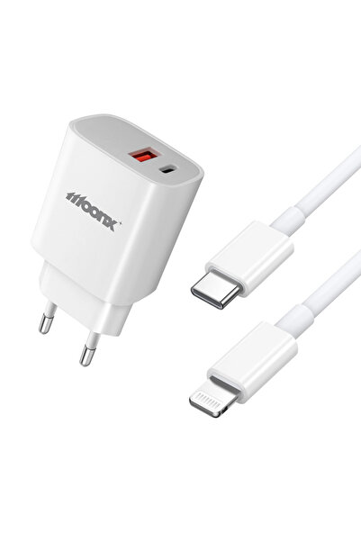 moonx Incarcator priza MC04 PD20W 1xUsb-C+1Usb QC3.0 + cablu Usb-C/Lighning White