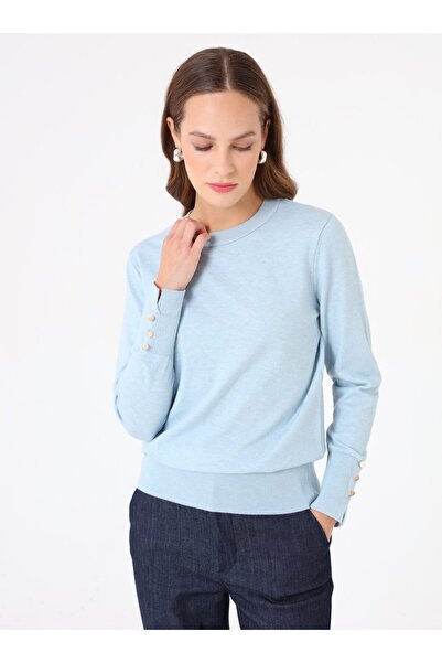 Refka Basic Knitwear Sweater with Soft Buttons and Gold Button Detail - Light Blue -