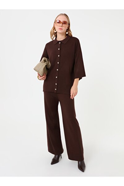 Refka Σετ πλεκτό με μαλακά κουμπιά και γιακά πόλο - Καφέ -