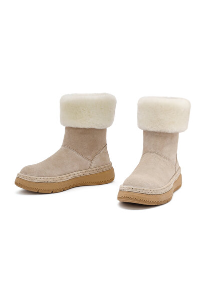 Derimod Women's Beige Thick Soled Fur Detailed Suede Leather Boots 25Wfd133410