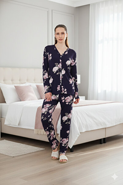 CrazyShopping Women's V-Neck Button down Long Sleeve Pajama Set-Navy Floral Print