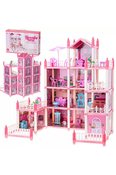 kik Casă de păpuși Beautiful Home, 4 etaje, 11 camere, 4 terase, include mobilier, roz