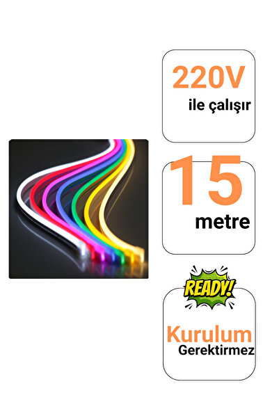 Ema Dükkan 220V RGB Neon Led Set 15 Metre Kumandalı IP65 8x15mm Esnek Şerit Dış Mekan Dekor Aydınlatma