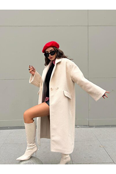 minaaise Γυναικείο μπεζ μακρύ παλτό oversized με επένδυση 30110