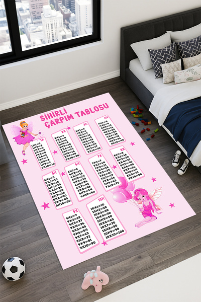 Kessy Home Studio Pembe Peri Çarpım Tablo Temalı Kız Çocuk Oda Halısı Makinede Yıkanabilir Kaymaz Halı Çocuk Halısı 1
