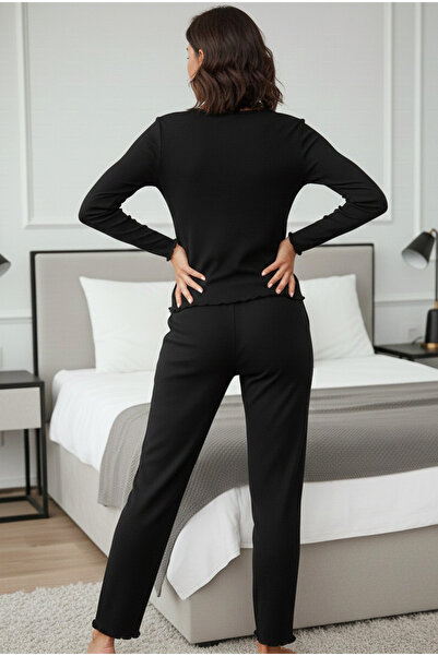 Siyah İnci Black V-Neck Brushed Soft Corded Fabric Ribbed Knit Pajama Set 7966