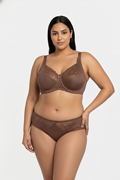 enmodaiçgiyim Καφέ Σουτιέν Μεγάλου Μεγέθους C Balconette Lace εφέ σύσφιξης – Πλήρης κάλυψη, Υψηλή Στήριξη, Φαρδύ λουράκι