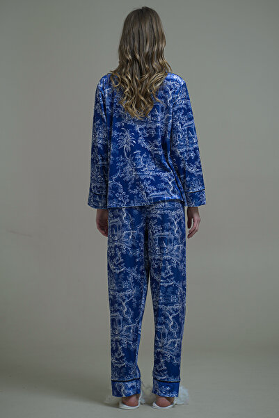 Mita Concept Dark Blue Patterned Velvet Pajama Set