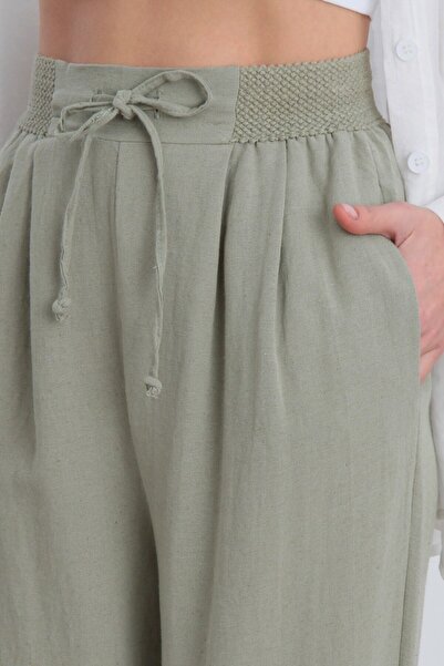 My Blog Khaki Elastic Pleated Trousers with Belt Detail - 50826