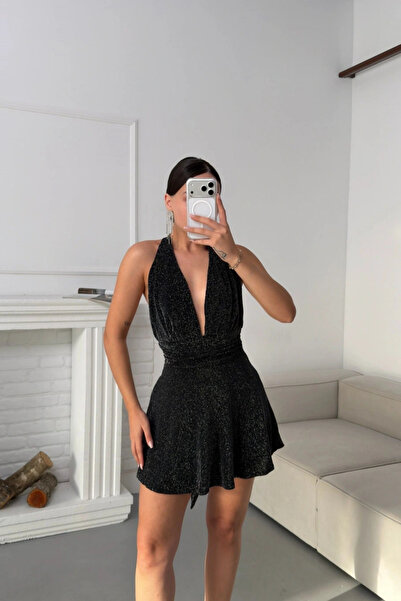 MOZENA Boyun Bağlamalı Simli Derin Dekolteli Mini Elbise