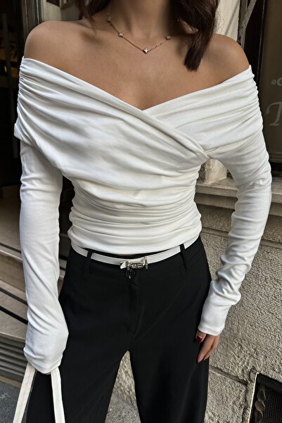 BEJNA Women's Gathered Double-Breasted Neck Soft Textured Modal Blouse