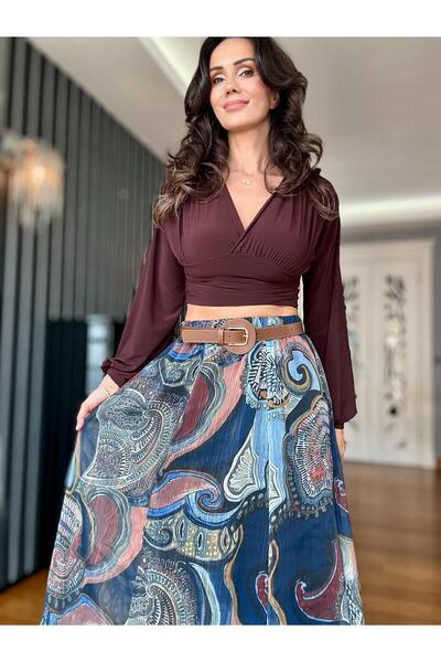 Atelier Derin Μπλε καφέ φούστα σιφόν με ζώνη