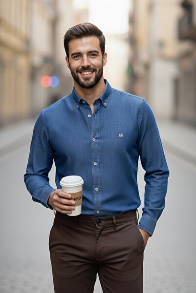 NAZEF قميص دينم عصري عالي الجودة بياقة زر 100% قطن (سلسلة فاخرة)