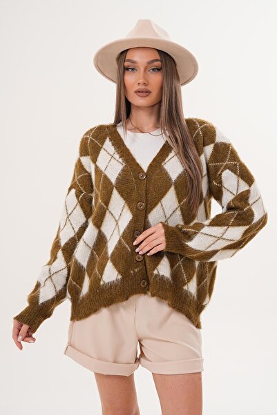 ŞİMAL Women's Diamond Pattern Button Closure Knitwear Knitted Cardigan 255443 -