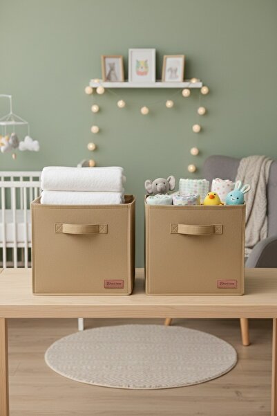 PH Prendi Home 2`li Bej Saklama Kutusu 28x28x28 Dekoratif Kulplu Organizer Dolap İçi Çamaşır Oyuncak Düzenleyici