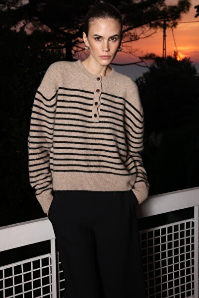 Mixray 6989 Women's Wool Blend Button Detail Premium Knitwear Sweater Brown Mink