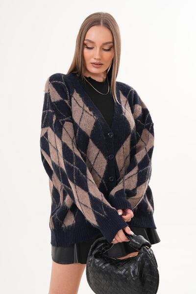 ŞİMAL Women's Diamond Pattern Button Closure Knitwear Knitted Cardigan 255443 -