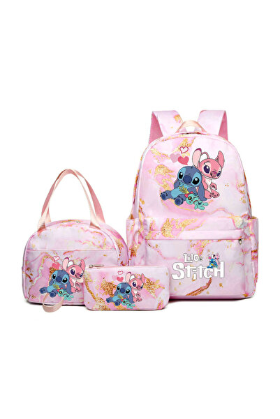 NO BRAND حقيبة ظهر ستيتش للطلاب، طقم من 3 قطع، وردي، 31×15×43، حقيبة رقم 56