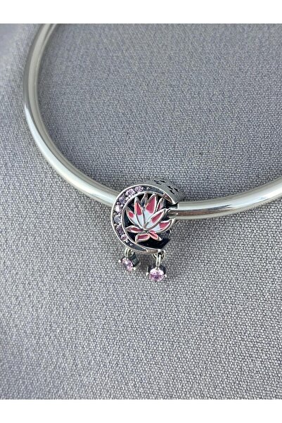 My Story Hilal Motifli Pembe Lotus Ve Sallantılı Yıldız Gümüş Charm