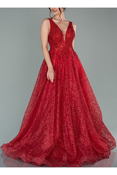 MAKKASMODA KIRMIZI RENKLİ BONCUK İŞLEMELİ SİMLİ GENİŞ ETEKLİ BÜYÜK BEDEN ABİY...