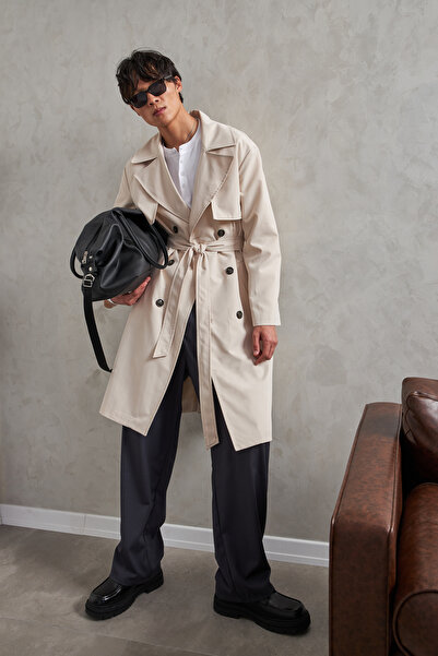 HYMAN Men's Double-Breasted Collar Oversized Trench Coat