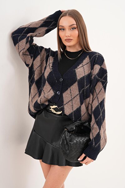 ŞİMAL Women's Diamond Pattern Button Closure Knitwear Knitted Cardigan 255443 -