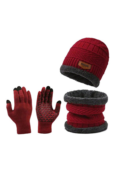 NO BRAND Winter Fleece-Lined Hat, Scarf, and Glove Set, Burgundy