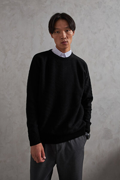 HYMAN Ανδρικό πουλόβερ με λαιμόκοψη oversized με αντίστροφο πλεκτό σχέδιο